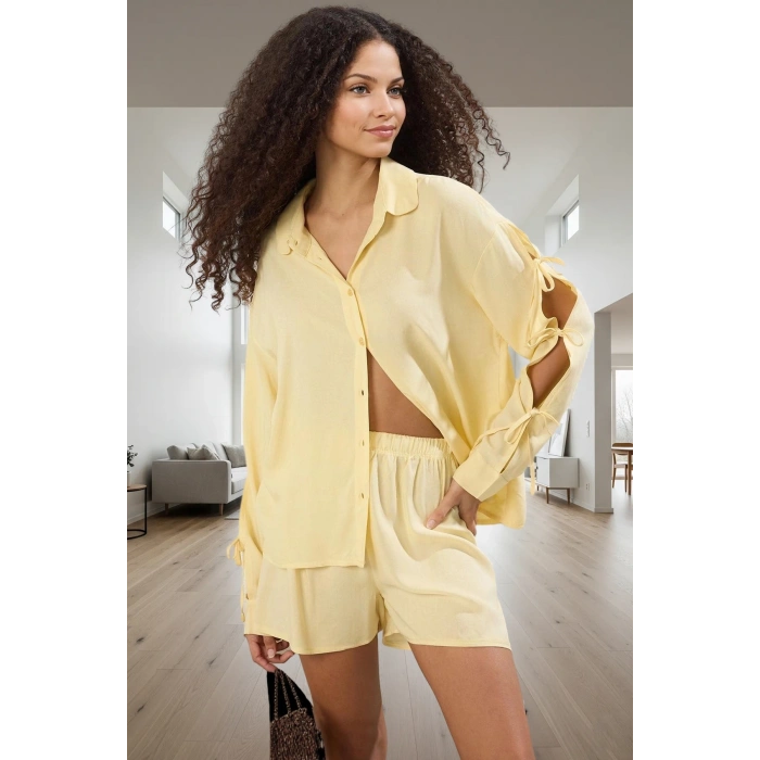 Kadın Viskon Pijama Takımı Bağlamalı Şortlu Rahat Homewear Uzun Ömürlü Zarif Tasarım