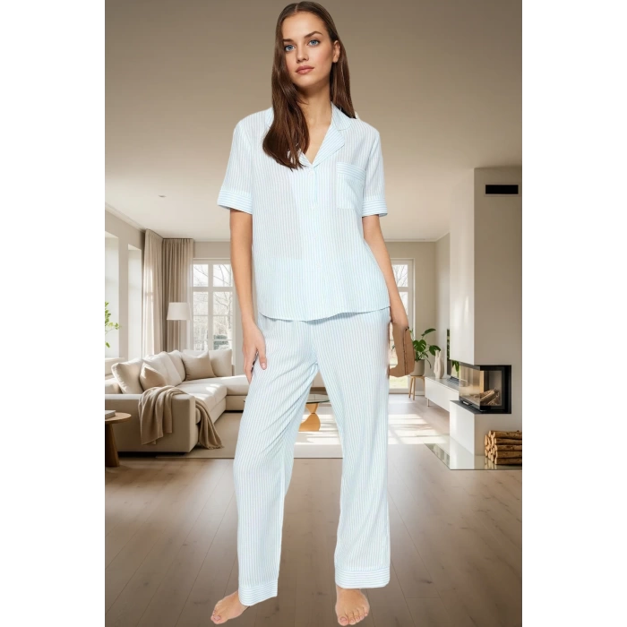 Kadın Viskon Shally Dokuma Pijama Takımı Çizgili Rahat Tasarım Kaliteli İşçilik Mükemmel Uyum