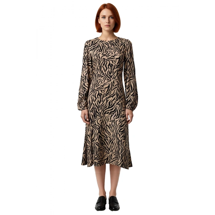 Kadın Viskoz Dokuma Midi Boy Elbise A line Kesim Çiçek Desenli Yırtmaçlı Balon Kollu Şıklık