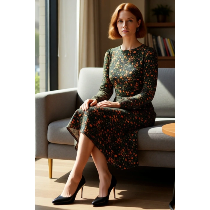 Kadın Viskoz Dokuma Midi Boy Elbise A line Kesim Çiçek Desenli Yırtmaçlı Balon Kollu Şıklık