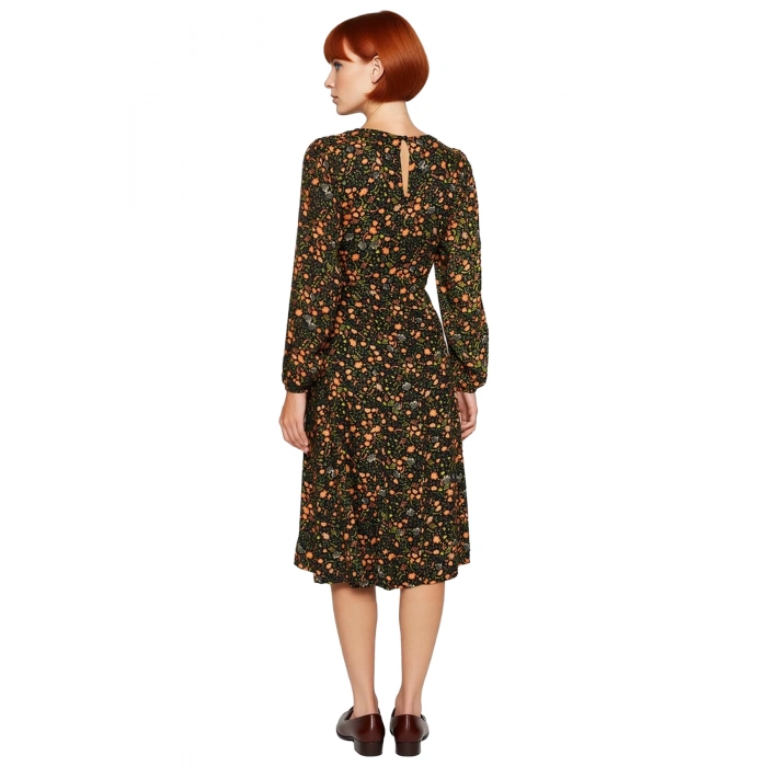 Kadın Viskoz Dokuma Midi Boy Elbise A line Kesim Çiçek Desenli Yırtmaçlı Balon Kollu Şıklık