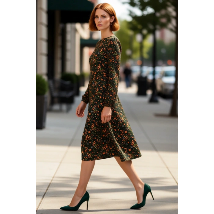 Kadın Viskoz Dokuma Midi Boy Elbise A line Kesim Çiçek Desenli Yırtmaçlı Balon Kollu Şıklık