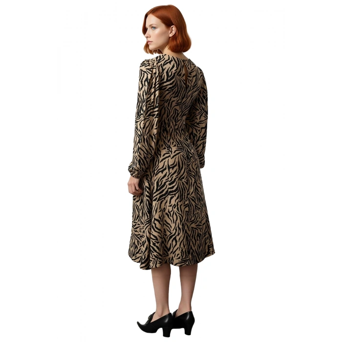 Kadın Viskoz Dokuma Midi Boy Elbise A line Kesim Çiçek Desenli Yırtmaçlı Balon Kollu Şıklık