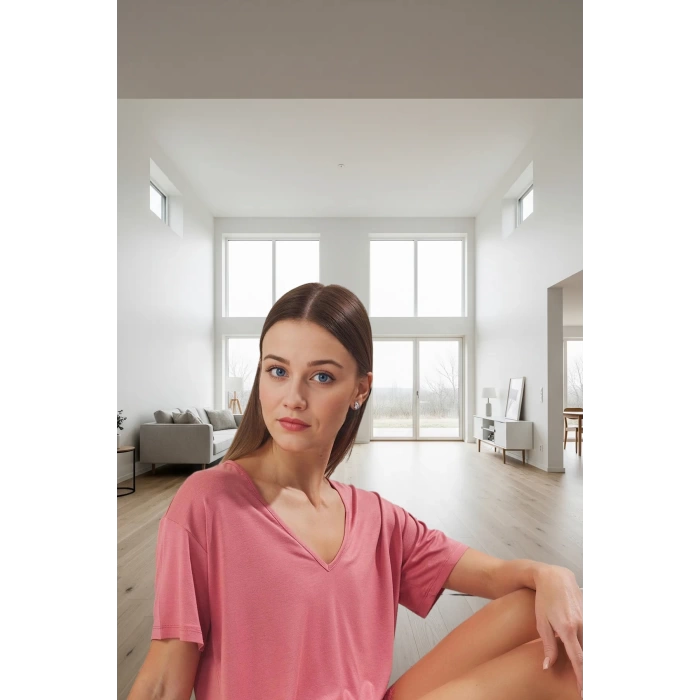 Kadın Viskoz Örme Pijama Takımı V Yaka Kısa Kol Rahat Ev Giyim Premium Kalite