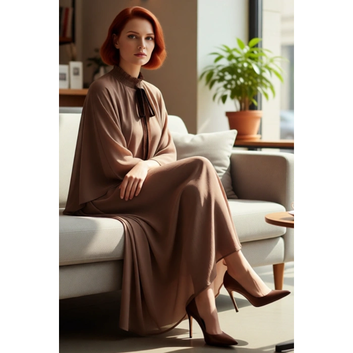 Kadın Vizon A Kesim Pelerinli Maxi Elbise Fırfırlı Dik Yaka Uzun Standart Kol Şık Polyester