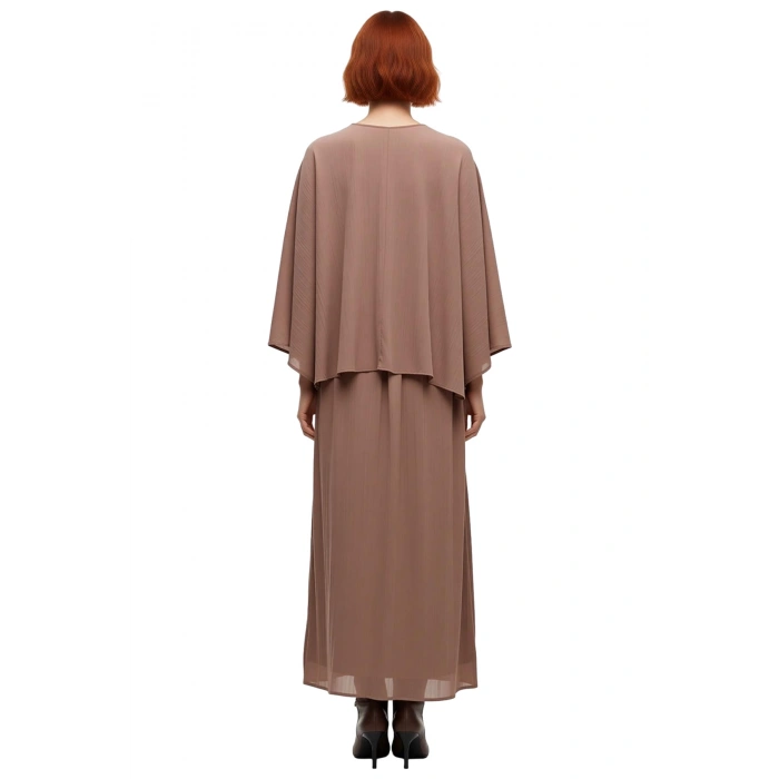 Kadın Vizon A Kesim Pelerinli Maxi Elbise Fırfırlı Dik Yaka Uzun Standart Kol Şık Polyester