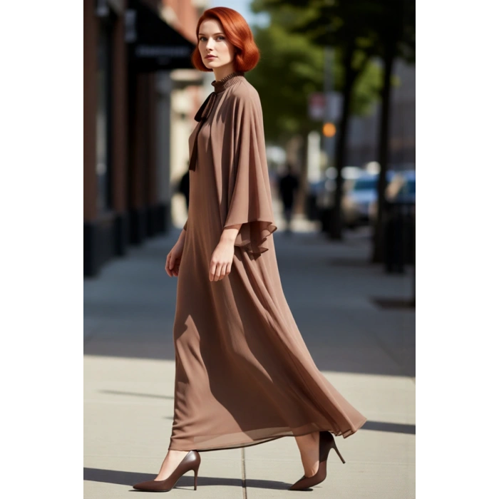 Kadın Vizon A Kesim Pelerinli Maxi Elbise Fırfırlı Dik Yaka Uzun Standart Kol Şık Polyester