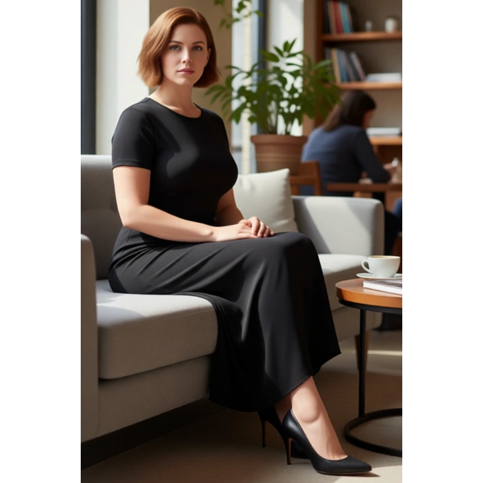 Kadın Vücuda Oturan Esnek Örme Maxi Elbise Siyah Düz Bisiklet Yaka Kısa Kollu İlkbahar Sonbahar