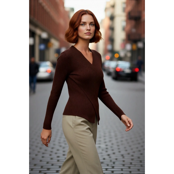 Kadın Vücuda Oturan Fitilli Kruvaze Yaka Triko Kazak Uzun Kollu İlkbahar Sonbahar Rahat Stil İçin