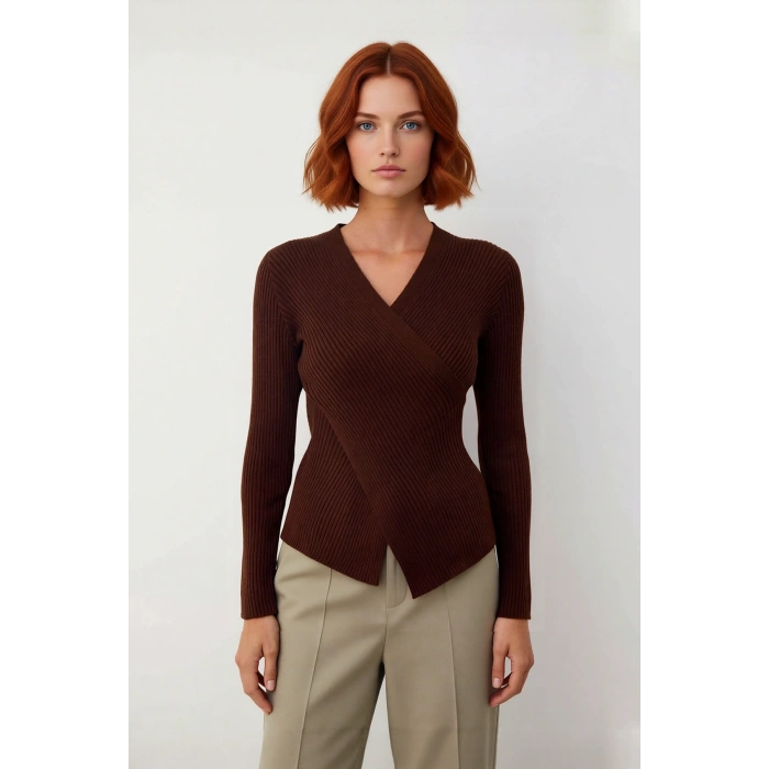 Kadın Vücuda Oturan Fitilli Kruvaze Yaka Triko Kazak Uzun Kollu İlkbahar Sonbahar Rahat Stil İçin