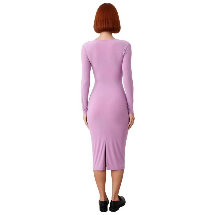 Kadın Vücuda Oturan Uzun Kollu Düz Drapeli Midi Örme Elbise Şık Gündüz Gece Kombinleri İçin İdeal