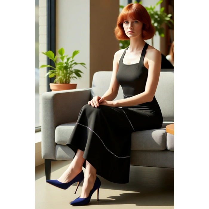 Kadın Vücudu Saran Bodycon Midi Elbise Kalın Askılı Kare Yaka Taş Detaylı Şık Gece Kokteyl