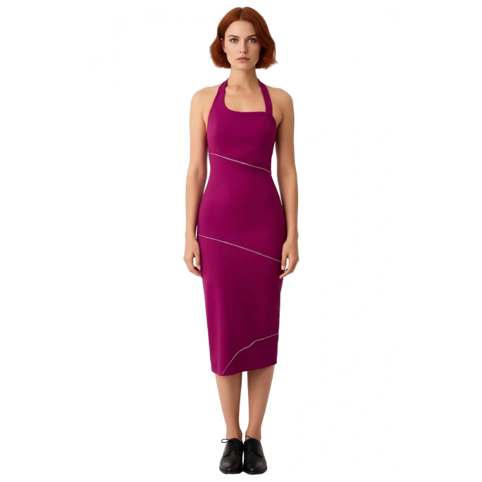 Kadın Vücudu Saran Bodycon Midi Elbise Kalın Askılı Kare Yaka Taş Detaylı Şık Gece Kokteyl