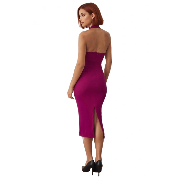 Kadın Vücudu Saran Bodycon Midi Elbise Kalın Askılı Kare Yaka Taş Detaylı Şık Gece Kokteyl