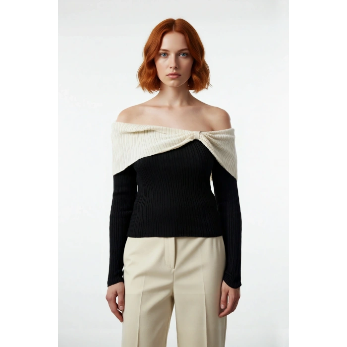 Kadın Vücudu Saran Fitilli Carmen Yaka Triko Bluz Basic Kesim Uzun Kol Şık Ve Zarif Görünüm Sunar