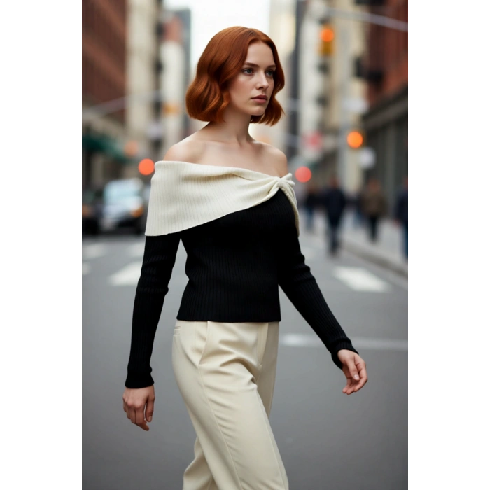 Kadın Vücudu Saran Fitilli Carmen Yaka Triko Bluz Basic Kesim Uzun Kol Şık Ve Zarif Görünüm Sunar