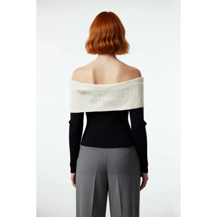 Kadın Vücudu Saran Fitilli Carmen Yaka Triko Bluz Basic Kesim Uzun Kol Şık Ve Zarif Görünüm Sunar