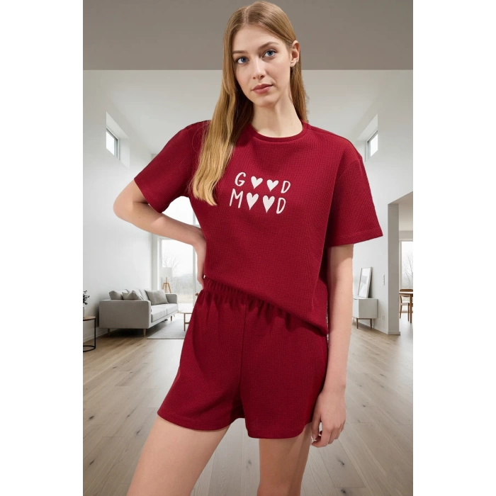 Kadın Waffle Pijama Takımı Good Mood Desenli Kısa Kol Mükemmel Uyum Şık Görünüm Özel Tasarım