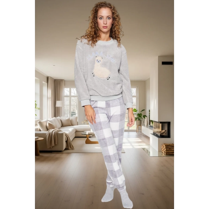 Kadın Wellsoft Örme Pijama Takımı Lama Desenli Kışlık Özel Tasarım Günlük Kullanım İçin