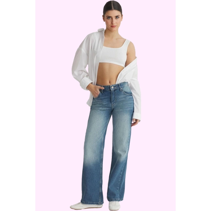 Kadın Wide Leg Denim Pantolon Pamuk Düşük Bel Rahat Kesim Günlük Kullanım Kaliteli Malzeme