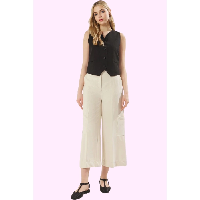 Kadın Wide Leg Pantolon Polyester Elastan Renk Yüksek Belli İlkbahar Sonbahar Günlük Kullanım