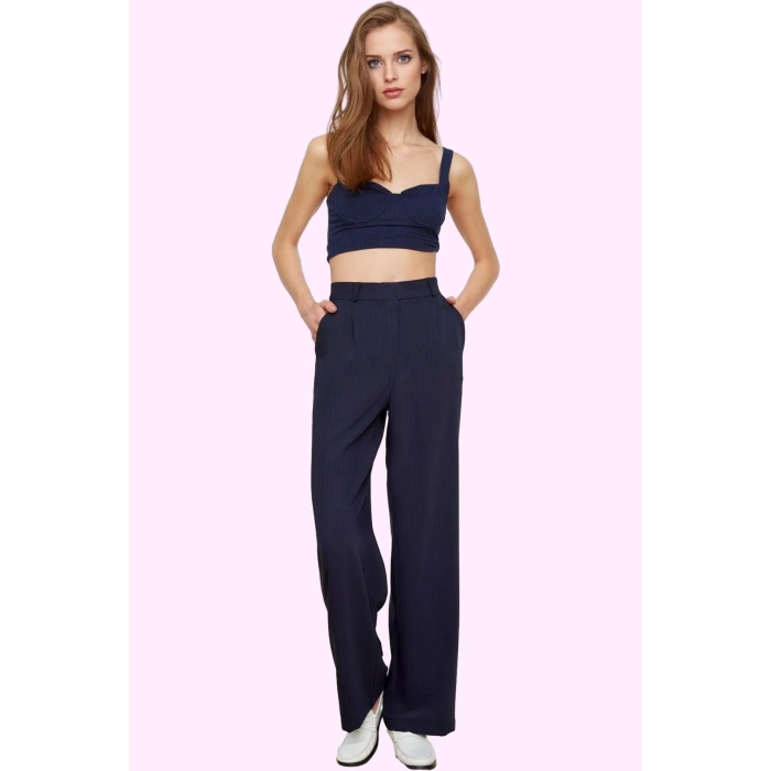 Kadın Wide Leg Pantolon Yüksek Bel Geniş Paça Krep Kumaş Koleksiyonu Günlük Kullanım