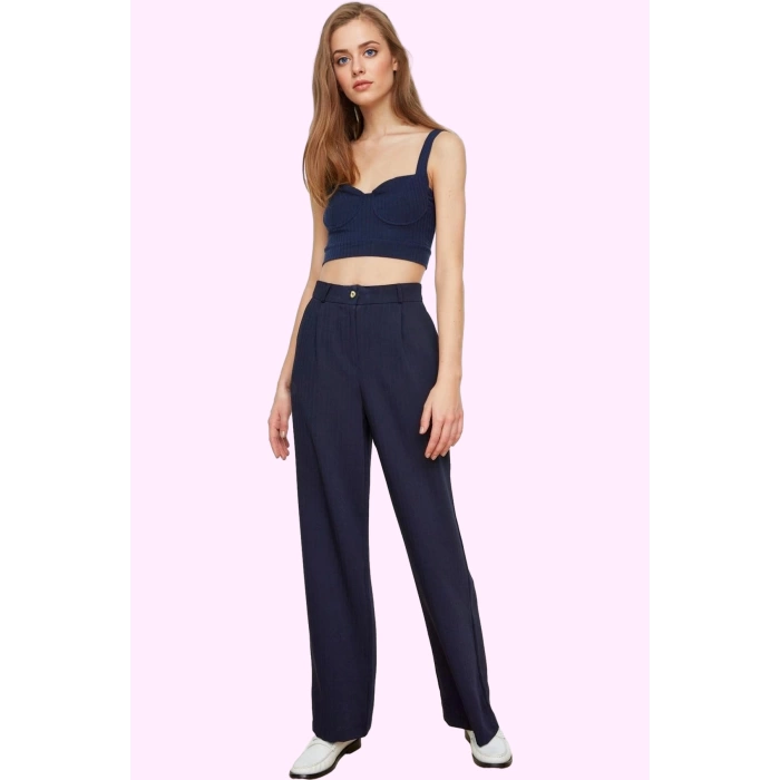 Kadın Wide Leg Pantolon Yüksek Bel Geniş Paça Krep Kumaş Koleksiyonu Günlük Kullanım