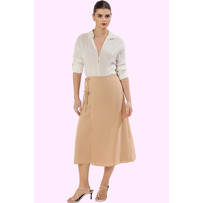 Kadın Yandan Bağcıklı Sarong Silüet Maxi Etek Dokuma Keten Görünümlü Günlük Modern Tasarım