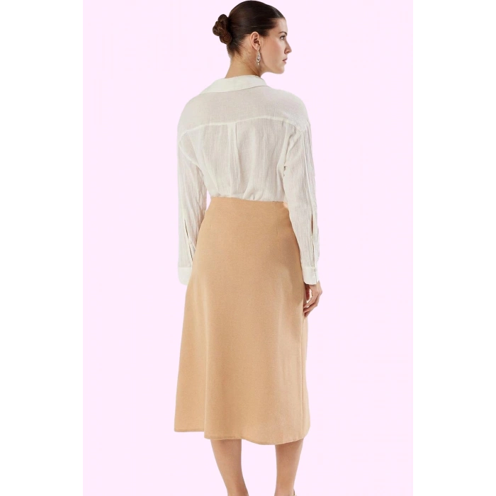 Kadın Yandan Bağcıklı Sarong Silüet Maxi Etek Dokuma Keten Görünümlü Günlük Modern Tasarım