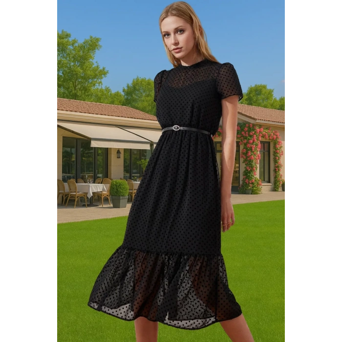 Kadın Yazlık Astarlı Kemerli Midi Elbise Şifon Kumaş A Kesim Modern Stil Trend Tasarım Özel Tasarım