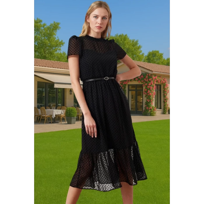Kadın Yazlık Astarlı Kemerli Midi Elbise Şifon Kumaş A Kesim Modern Stil Trend Tasarım Özel Tasarım