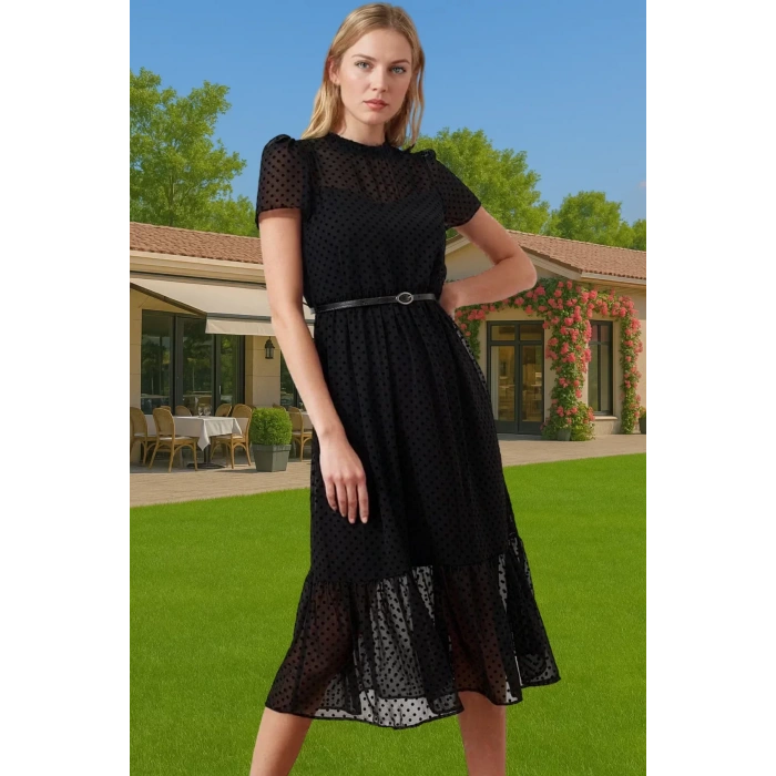 Kadın Yazlık Astarlı Kemerli Midi Elbise Şifon Kumaş A Kesim Modern Stil Trend Tasarım Özel Tasarım