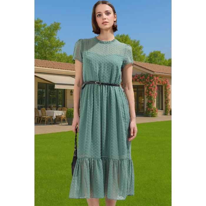 Kadın Yazlık Astarlı Kemerli Midi Elbise Şifon Kumaş A Kesim Modern Stil Trend Tasarım Özel Tasarım
