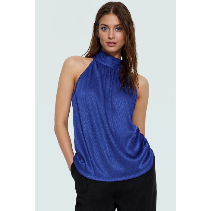 Kadın Yazlık Bluz Halter Yaka Pilise Dokuma Regular Kalıp Polyester Kumaş