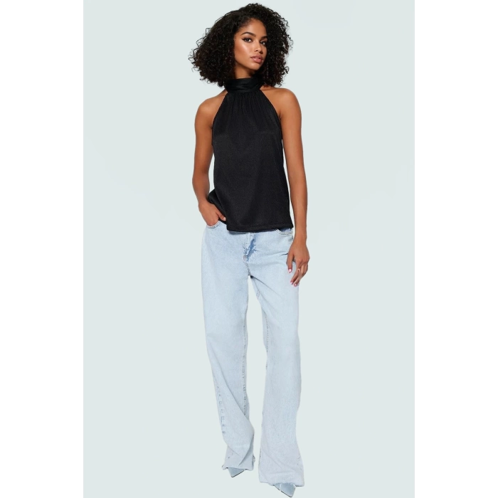 Kadın Yazlık Bluz Halter Yaka Pilise Dokuma Regular Kalıp Polyester Kumaş