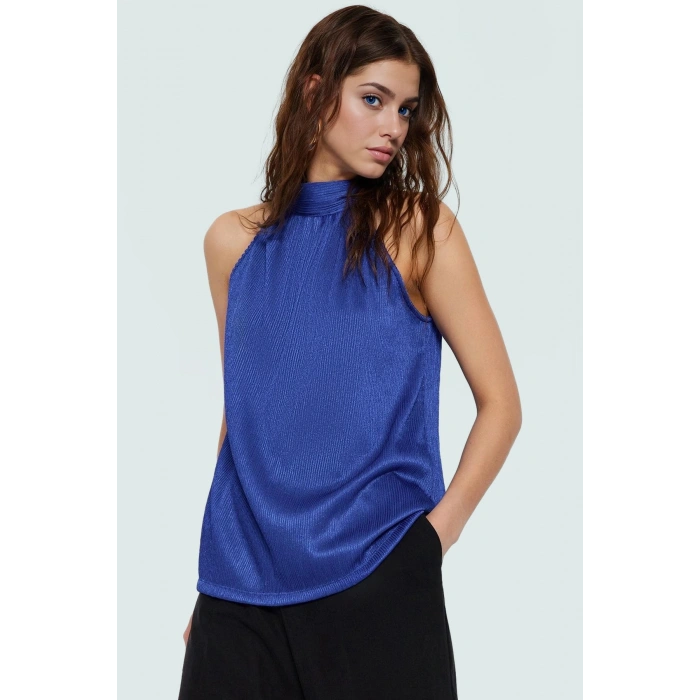 Kadın Yazlık Bluz Halter Yaka Pilise Dokuma Regular Kalıp Polyester Kumaş