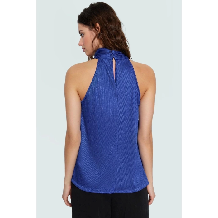 Kadın Yazlık Bluz Halter Yaka Pilise Dokuma Regular Kalıp Polyester Kumaş