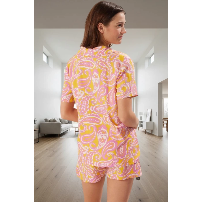 Kadın Yazlık Çok Etnik Desenli Viskon Pijama Takımı Rahat Kalıp Dayanıklı Malzeme Yüksek Kalite