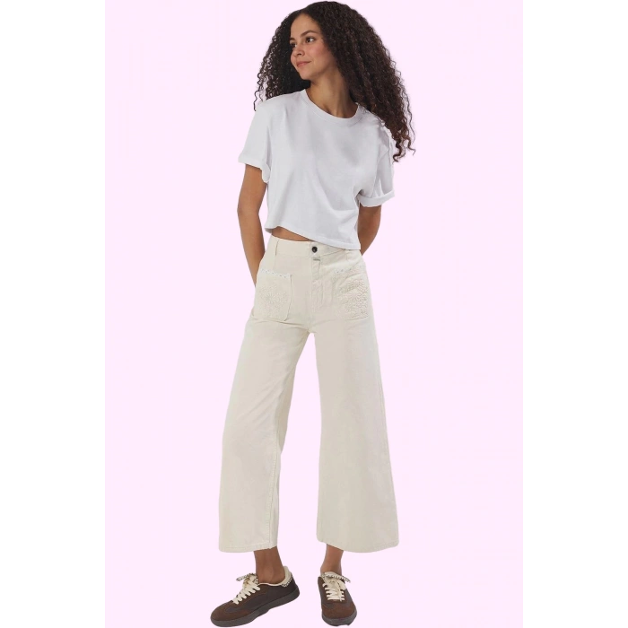 Kadın Yazlık Culotte Pantolon; Denim Kumaş Yüksek Bel Geniş Paça Pamuk Rahat Günlük Hafta Sonu