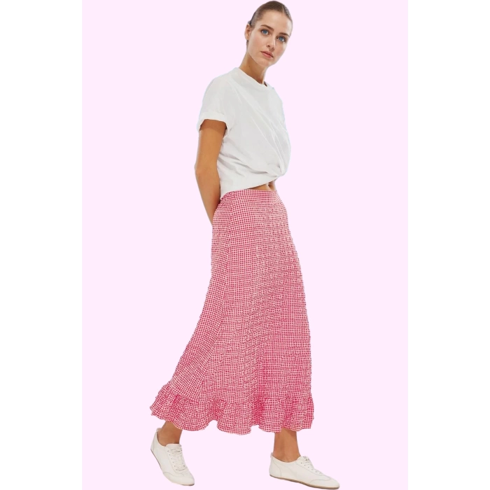 Kadın Yazlık Ekose Balık Etek Polyester Elastan Gofre Dokuma Maxi Boy Yaz Aylarının Vazgeçilmezi