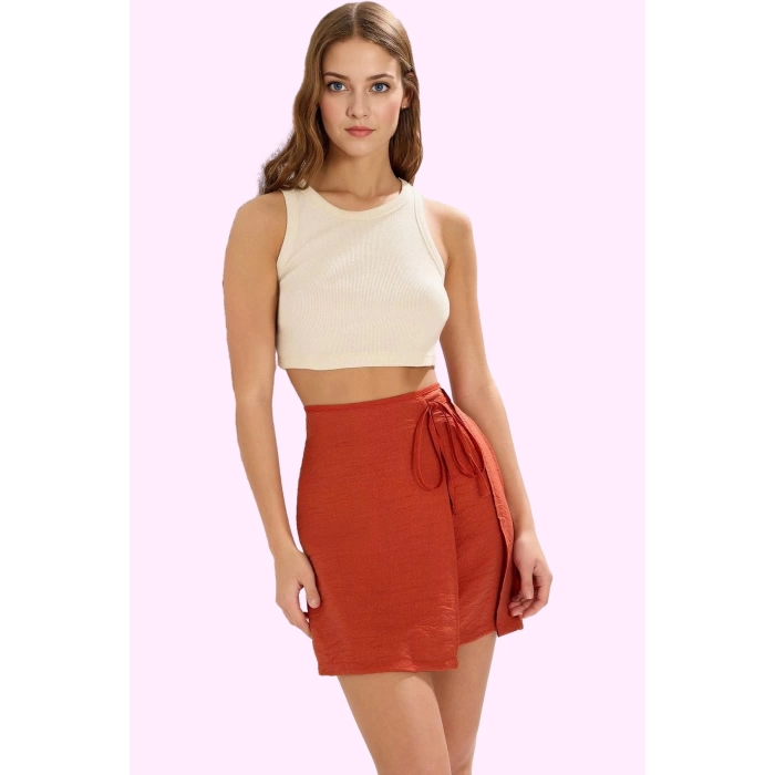 Kadın Yazlık Keten Görünümlü Mini Etek Düz Desenli Sarong Stil Rahat Yaz Aylarının Vazgeçilmezi