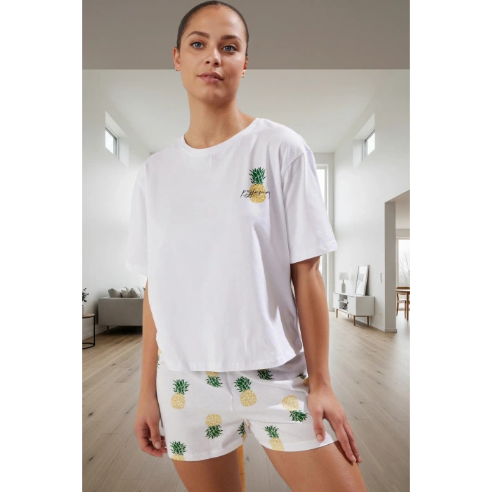 Kadın Yazlık Kısa Kollu Pamuklu Pijama Takımı Ananas Desenli Rahat Yüksek Kalite