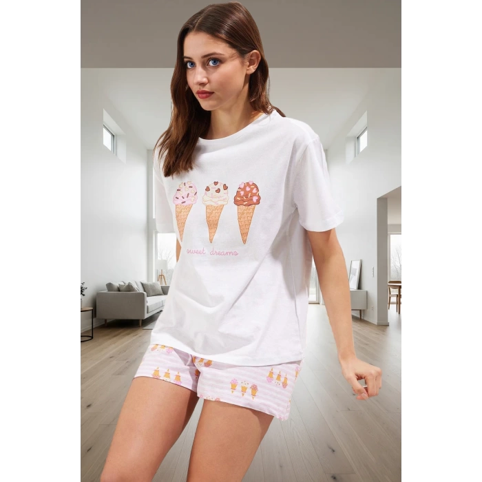 Kadın Yazlık Kısa Kollu Pamuklu Pijama Takımı Dondurma Baskılı Rahat Günlük Kullanım İçin