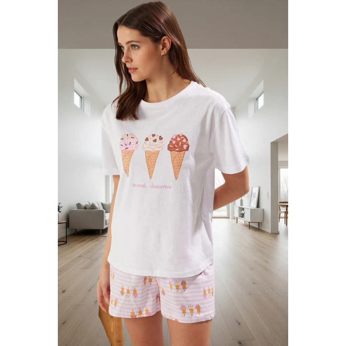 Kadın Yazlık Kısa Kollu Pamuklu Pijama Takımı Dondurma Baskılı Rahat Günlük Kullanım İçin