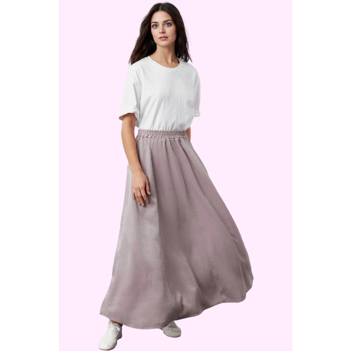 Kadın Yazlık Maxi Etek; Renk Saten Dokuma Kemerli Relaxed Fit Günlük Kullanım Modern Tasarım