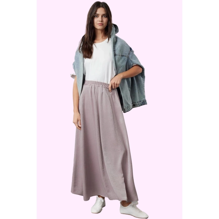 Kadın Yazlık Maxi Etek; Renk Saten Dokuma Kemerli Relaxed Fit Günlük Kullanım Modern Tasarım