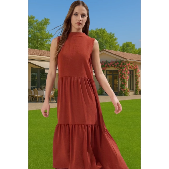 Kadın Yazlık Midi Elbise Nefes Alan Polyester Dokuma Kumaş Rahat Trend Tasarım Modern Stil