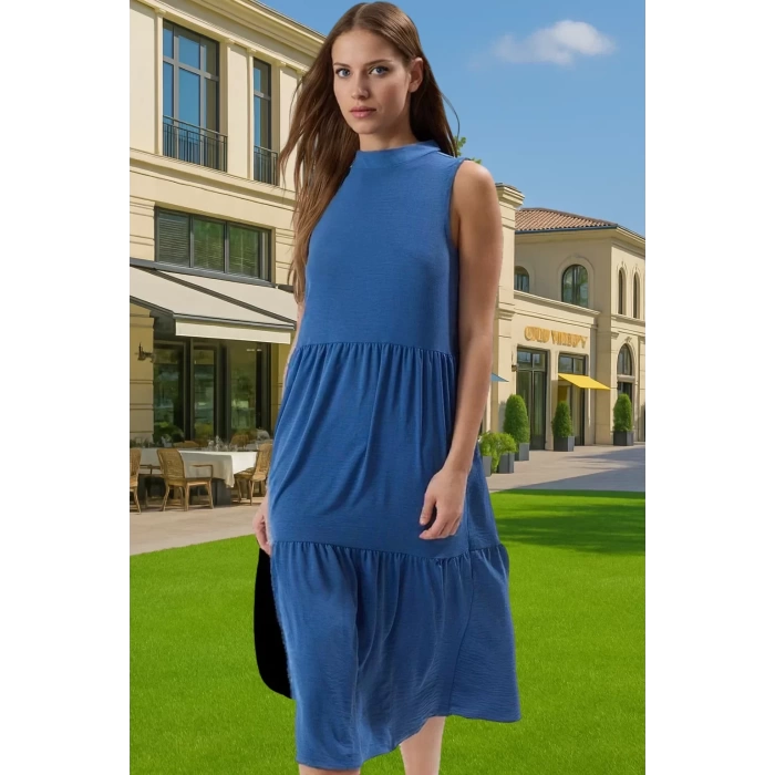 Kadın Yazlık Midi Elbise Nefes Alan Polyester Dokuma Kumaş Rahat Trend Tasarım Modern Stil