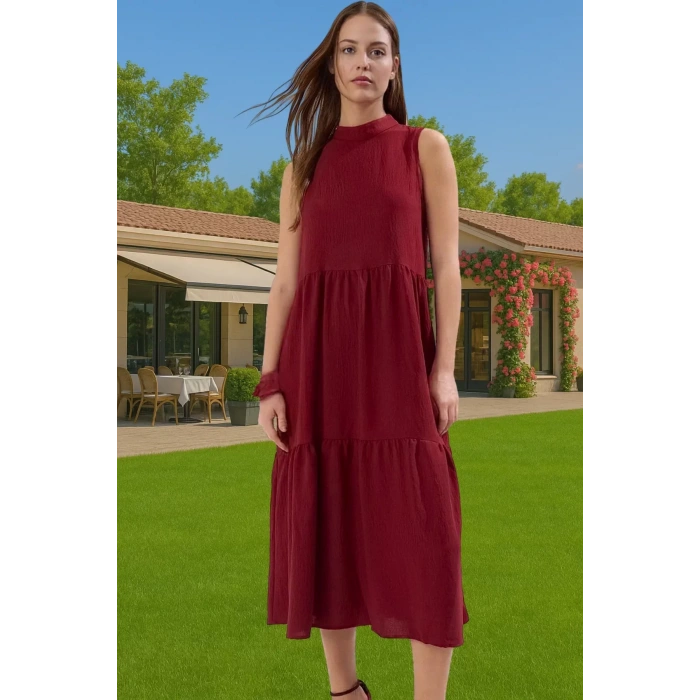 Kadın Yazlık Midi Elbise Nefes Alan Polyester Dokuma Kumaş Rahat Trend Tasarım Modern Stil