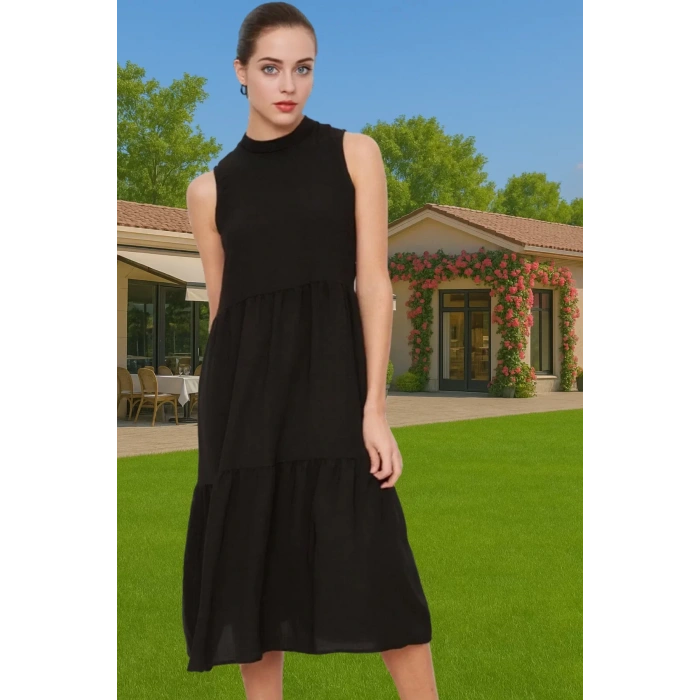 Kadın Yazlık Midi Elbise Nefes Alan Polyester Dokuma Kumaş Rahat Trend Tasarım Modern Stil